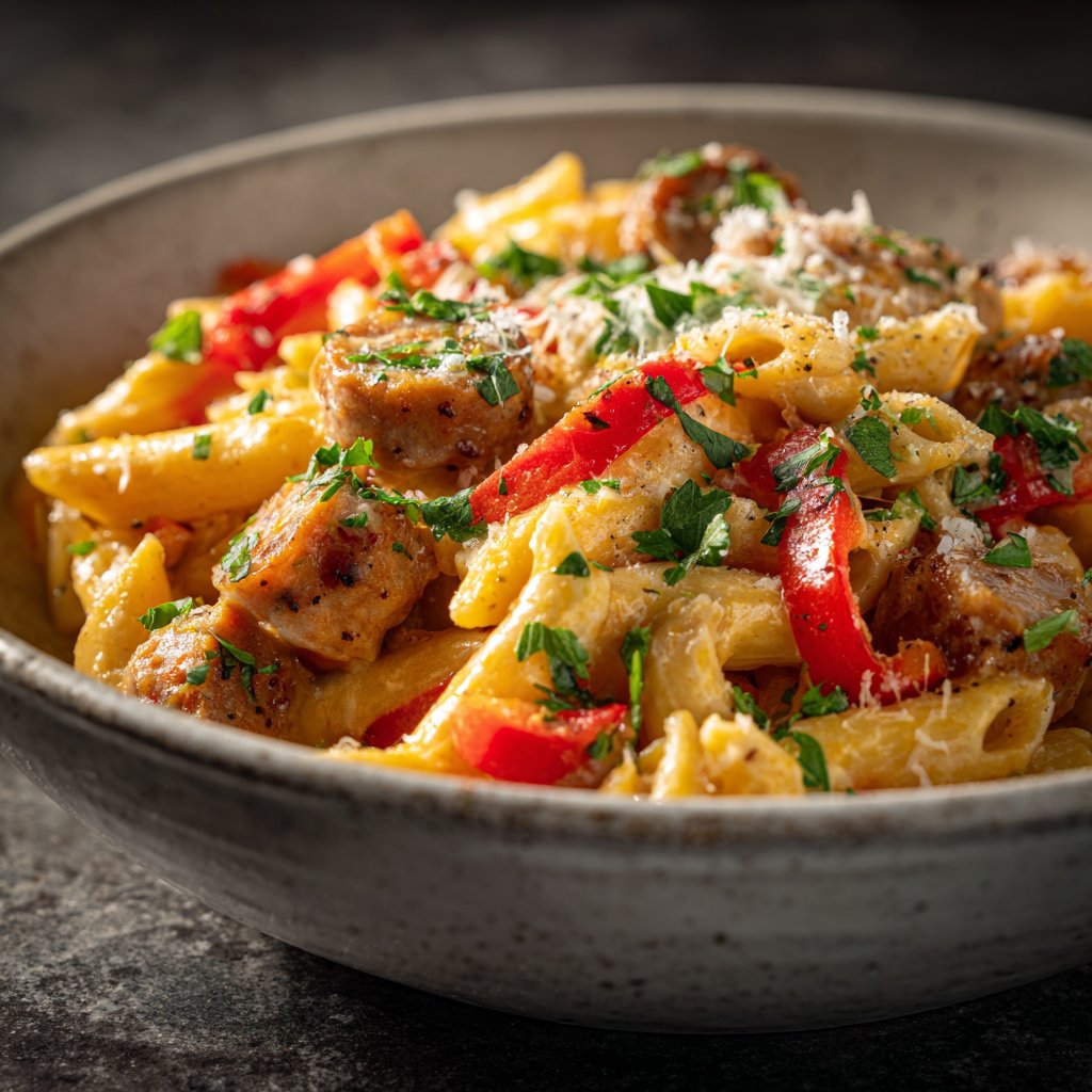 One Pot Creamy Cajun Sausage Pasta with Cheddar