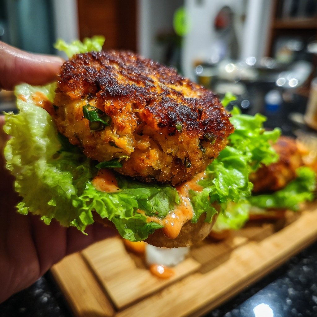 Crispy Salmon Burgers with Sriracha